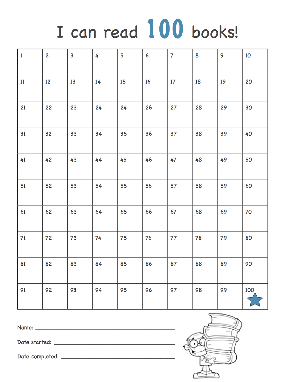 100 Book Reading Chart Printable