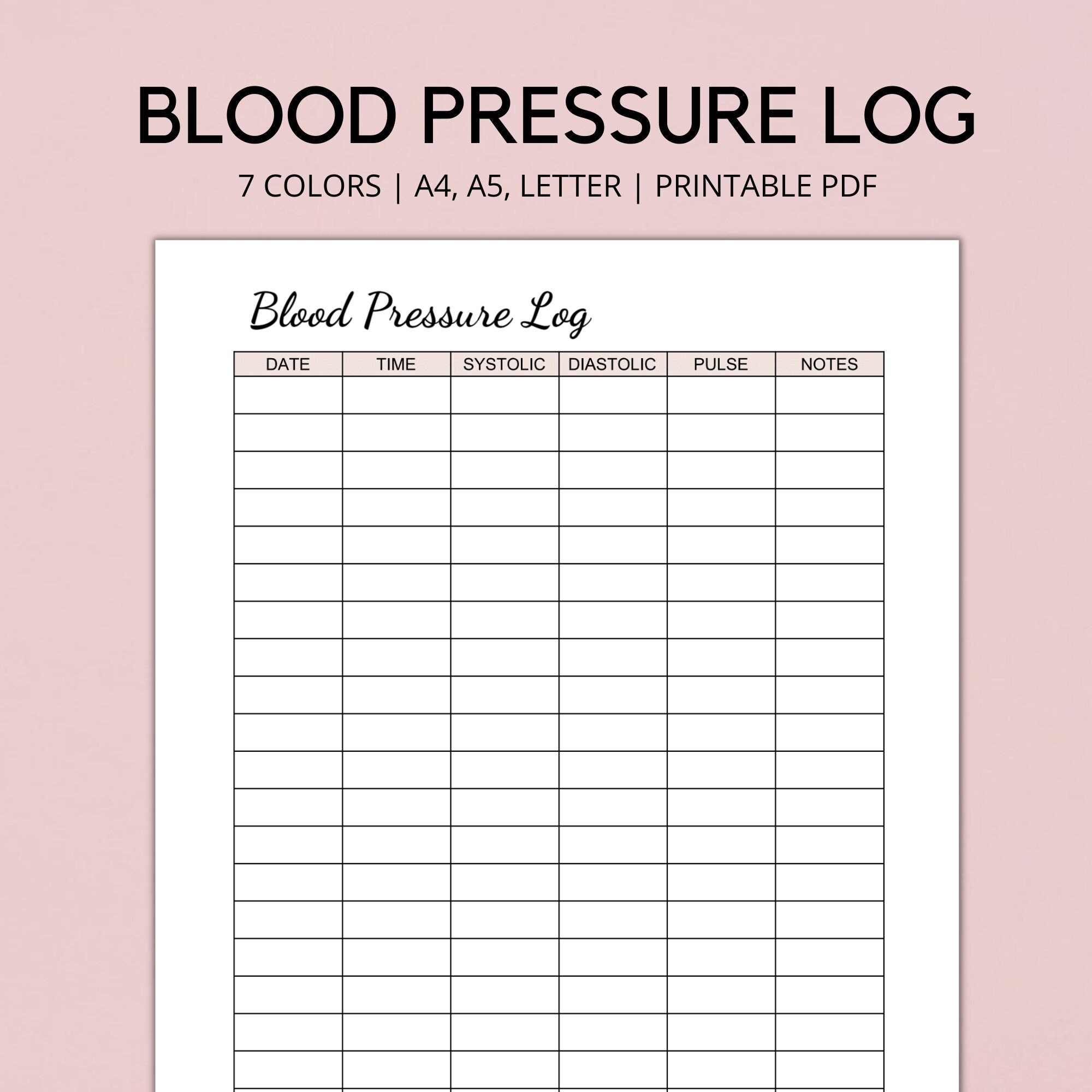 Blood Pressure Log Printable Blood Pressure Tracker BP Etsy