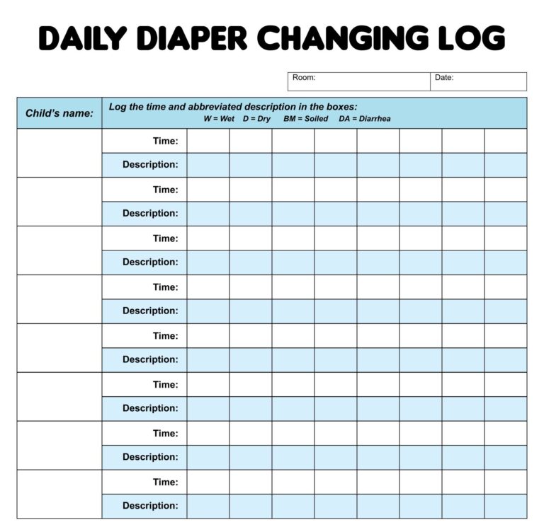 Daycare Printable Diaper Change Log