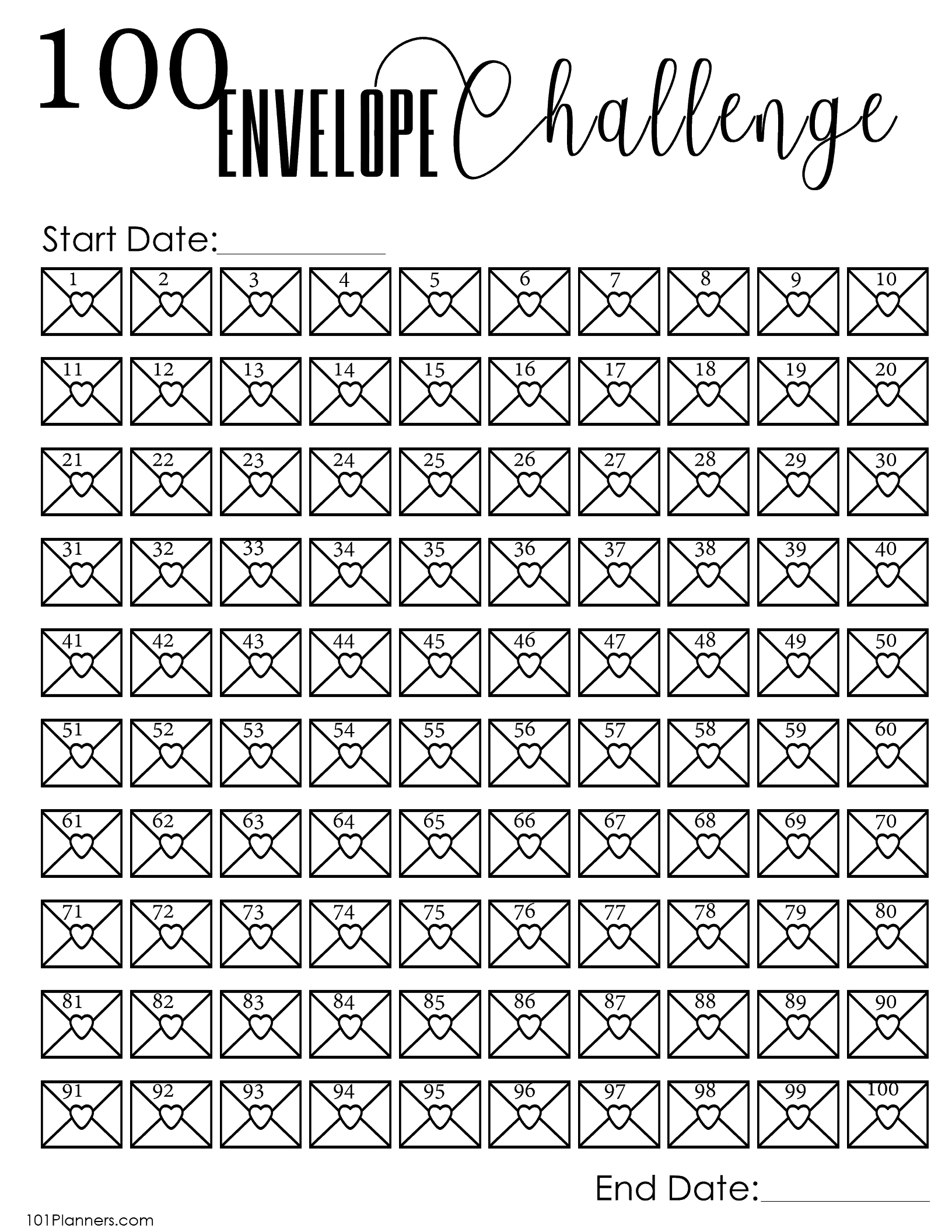 FREE 100 Envelope Challenge Chart Instant Download