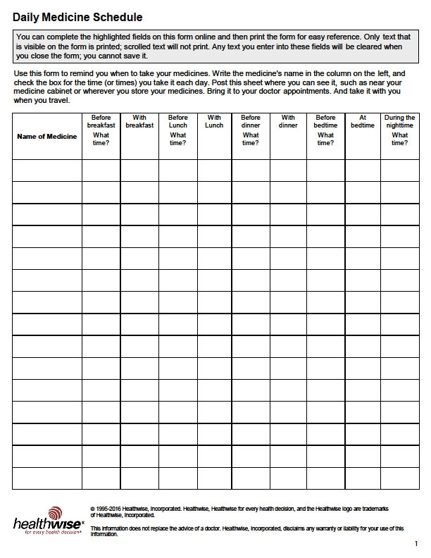 Free Printable Daily Medication Chart For Elderly