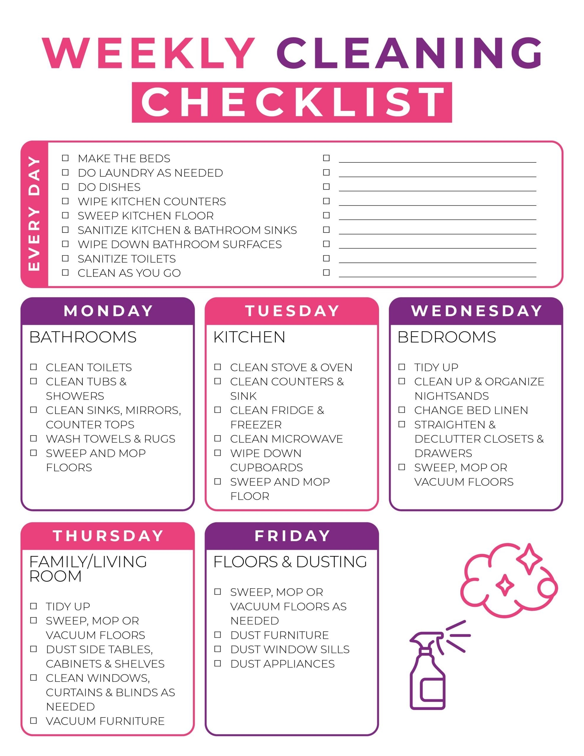 Free Printable Weekly Cleaning Checklist Instant PDF Download The