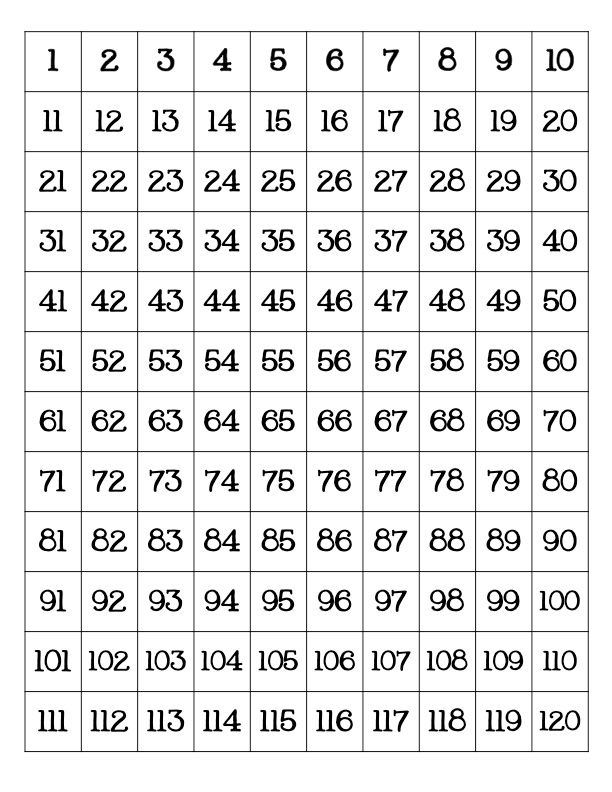 Printable 120 Number Chart Printable Word Searches