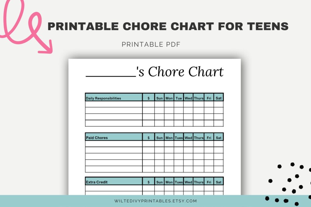 Printable Chore Chart For Teens Paid Chores Chart Teenager Chore 