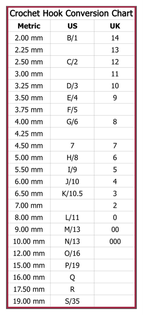 Printable Crochet Hook Size Chart
