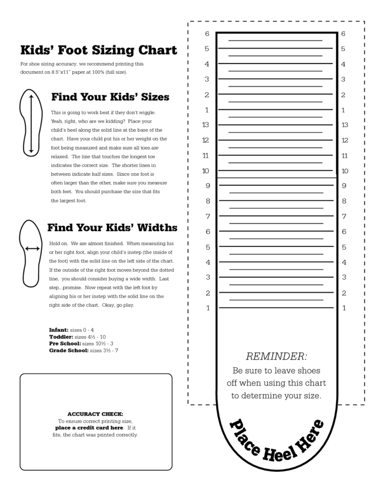 Printable Shoe Size Chart Kids