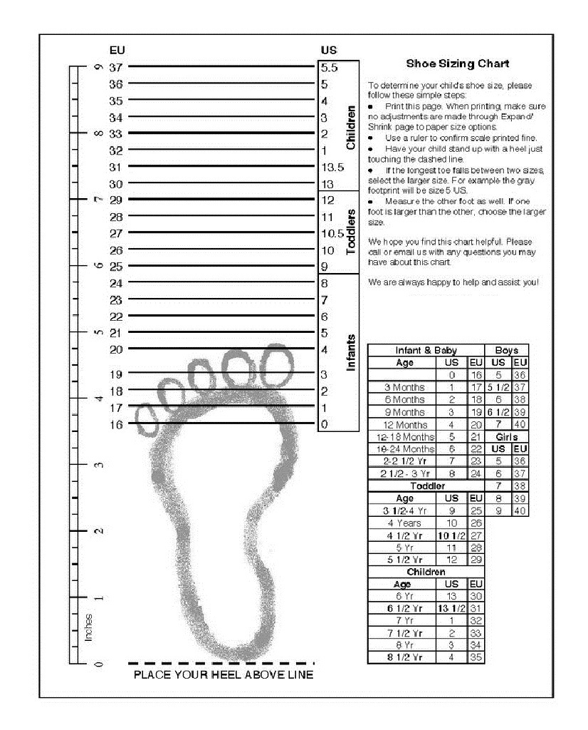 Printable Shoe Size Chart Men s