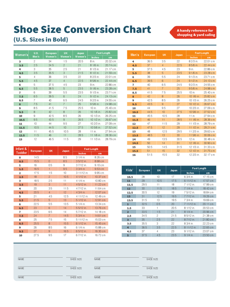 Printable Shoe Sizing Chart