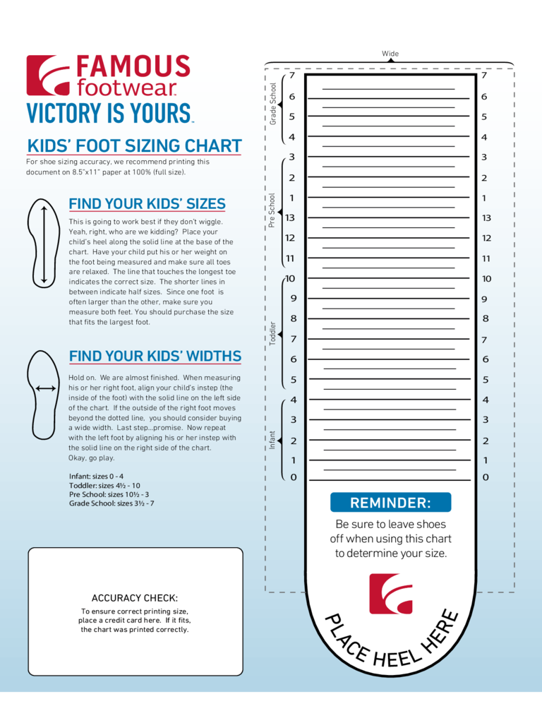 Printable Size Chart For Shoes